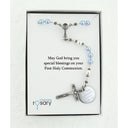 Light blue and white boy’s first communion rosary with engraved disc in Charming Rosary gift box with card message.