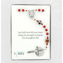 Red multi-sport first communion rosary in a Charming Rosary gift box with card message