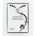 Black soccer first communion rosary with an engraved disc. In Charming Rosary gift box with card message.