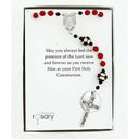 Red and black soccer first communion rosary with an engraved disc.  In Charming Rosary gift box with card message.