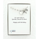 Crystal lined pearl rosary bracelet with an engraved disc and charms in a Charming Rosary gift box with card message. 
