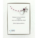 Pink and purple rosary bracelet with an engraved disc and charms in a Charming Rosary gift box with card message. 