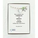Pink and green rosary bracelet with an engraved disc and charms in a Charming Rosary gift box with card message. 