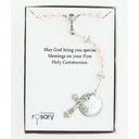 Girl’s pink first communion rosary with crystal lined pearls and engraved disc in Charming Rosary gift box with card message.