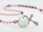 Pink first communion rosary with an engraved disc and name in beads. For a girl’s communion gift.