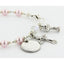 Pink pearl and crystal communion rosary bracelet with an engraved disc, cross and chalice charms. 