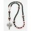 Black soccer first communion rosary with red beads, personalized with a name in beads.