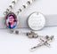 White pearl angel card memorial rosary beads with photo center and engraved disc.