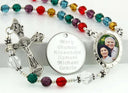 Multiple color birthstone custom rosary with photo centerpiece and engraved disc. 
