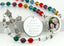 Multiple color birthstone custom rosary with photo centerpiece and engraved disc. 