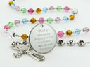 Multiple color birthstone personalized rosary with engraved disc and Mom in beads. 