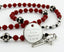 Red baptism rosary with Soccer beads and an engraved disc, for a boy’s baptism gift.