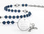 Custom dark blue and grey baptism rosary, with an engraved disc for a boy’s baptism gift.