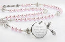 Pink baptism rosary with crystal lined pearls and an engraved disc, for a girl’s baptism gift.