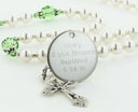White baptism rosary with green crystals and an engraved disc, for a girl’s baptism gift.