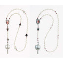 Two white pearl and pink birthstone Angel memorial rosaries with photo centerpieces for a personalized memorial gift. 