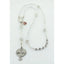 Girl’s crystal and crystal lined pearl quinceanera rosary with photo charm and a name in beads.