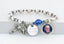 White pearl and crystal memorial rosary bracelet with photo charm and engraved disc. 