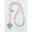 Personalized girl’s pink crystal and pearl quinceañera rosary with a photo charm and a name in beads.