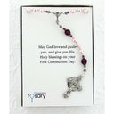 Pink rosary with purple crystals in Charming Rosary gift box with card message.