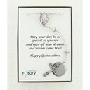 Girl’s white quanceanera rosary with crystal lined pearls in Charming Rosary gift box with card message.