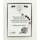 Girl’s black, pink and green quinceanera rosary in Charming Rosary gift box with card message.