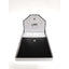 Black leather Keepsake rosary box half open in a white box. 