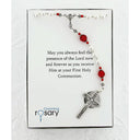 White pearl rosary with red crystals in Charming Rosary gift box with card message.